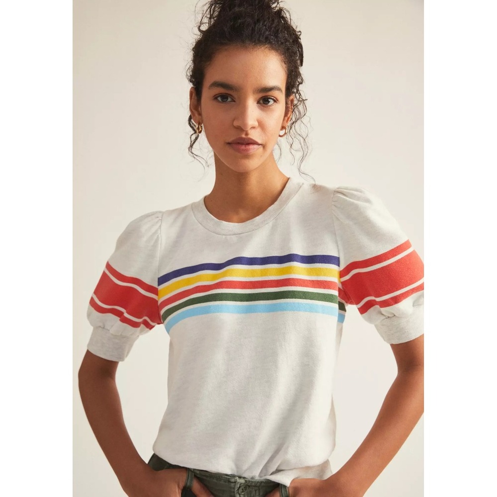 Anthropologie T.La Puff-Sleeve Pullover Striped Sweatshirt Gray Multi M